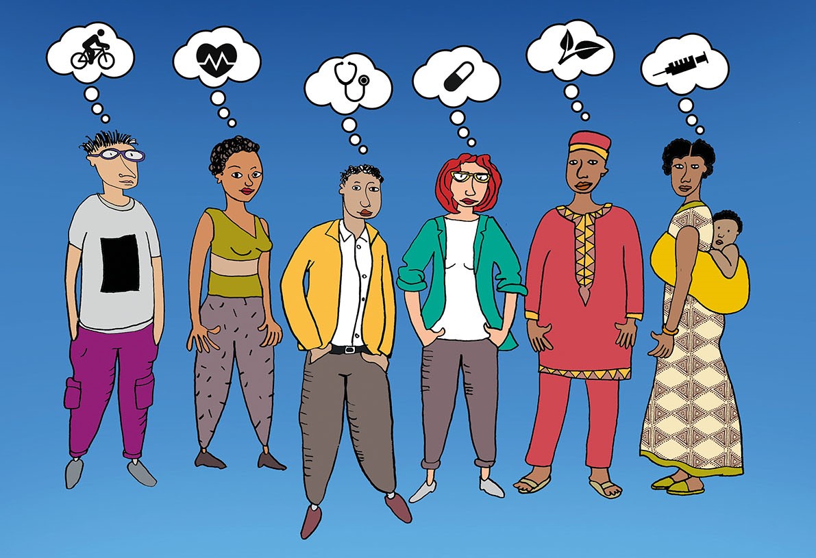 Six personnes, chacune avec sa propre représentation de la santé (illustration commandée par l’auteur)