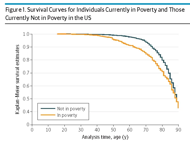 Courbes de survie comparant les personnes pauvres et non pauvres aux Etats-Unis