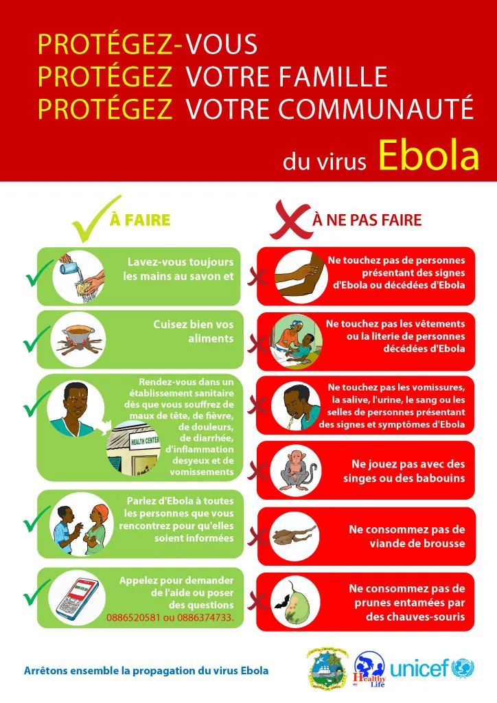 Affiche de 2015 sur la prévention d'Ebola déconseillant la viande de brousse et les singes