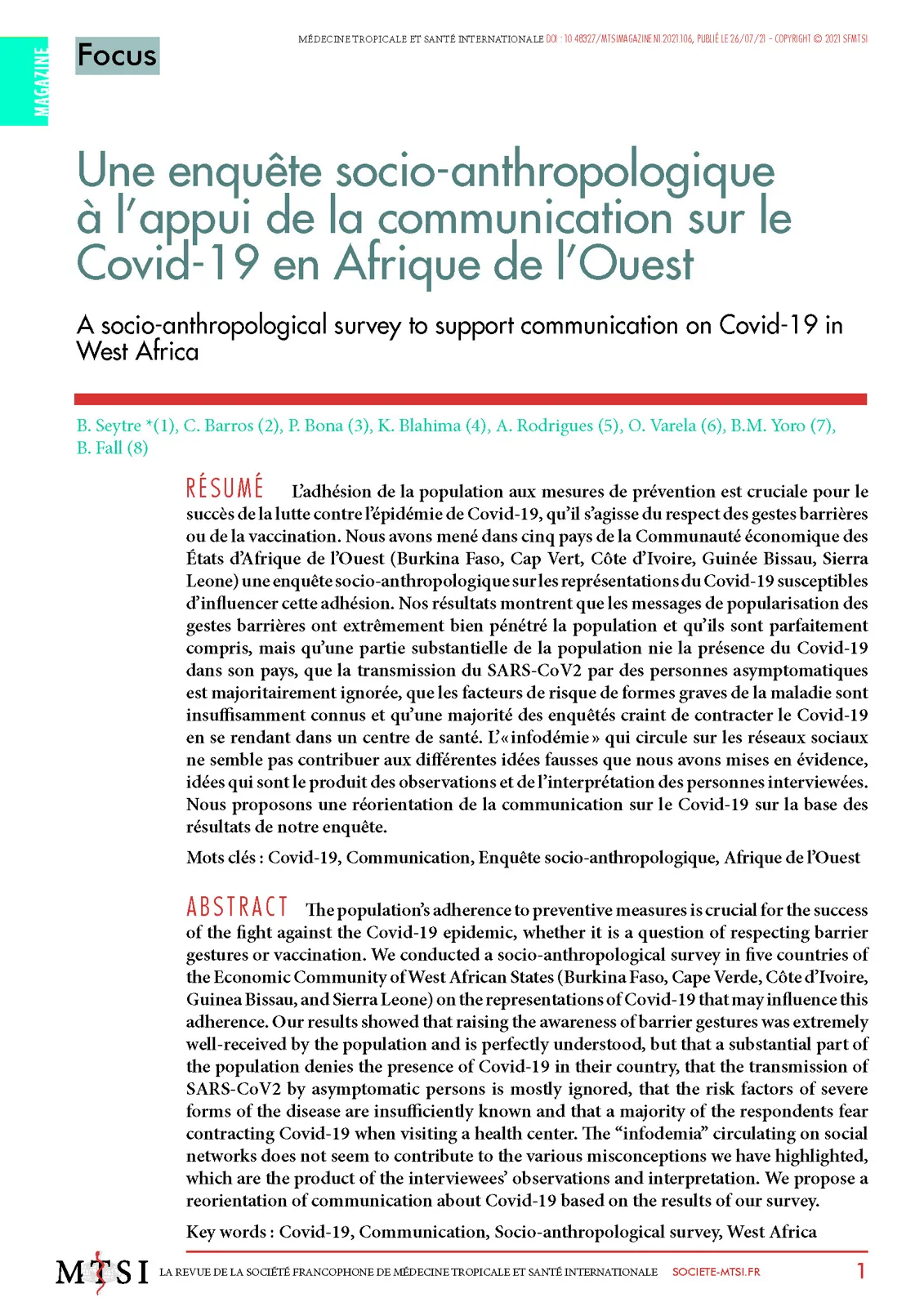 Article MTSI sur l'enquête socio-anthropologique concernant la communication Covid-19 en Afrique de l'Ouest