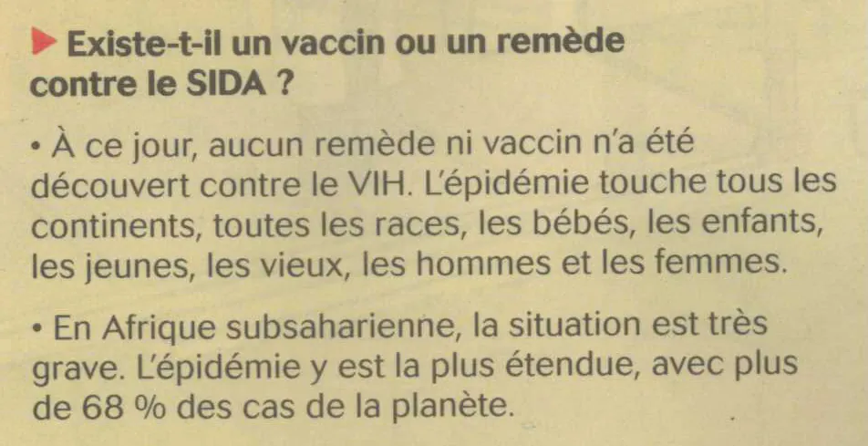 Extrait de manuel scolaire affirmant qu'aucun remède n'existe contre le sida